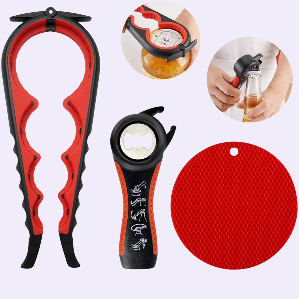 5 in 1 Jar & Bottle Opener + Gripper Pad for Weak Hands (3 pcs set)